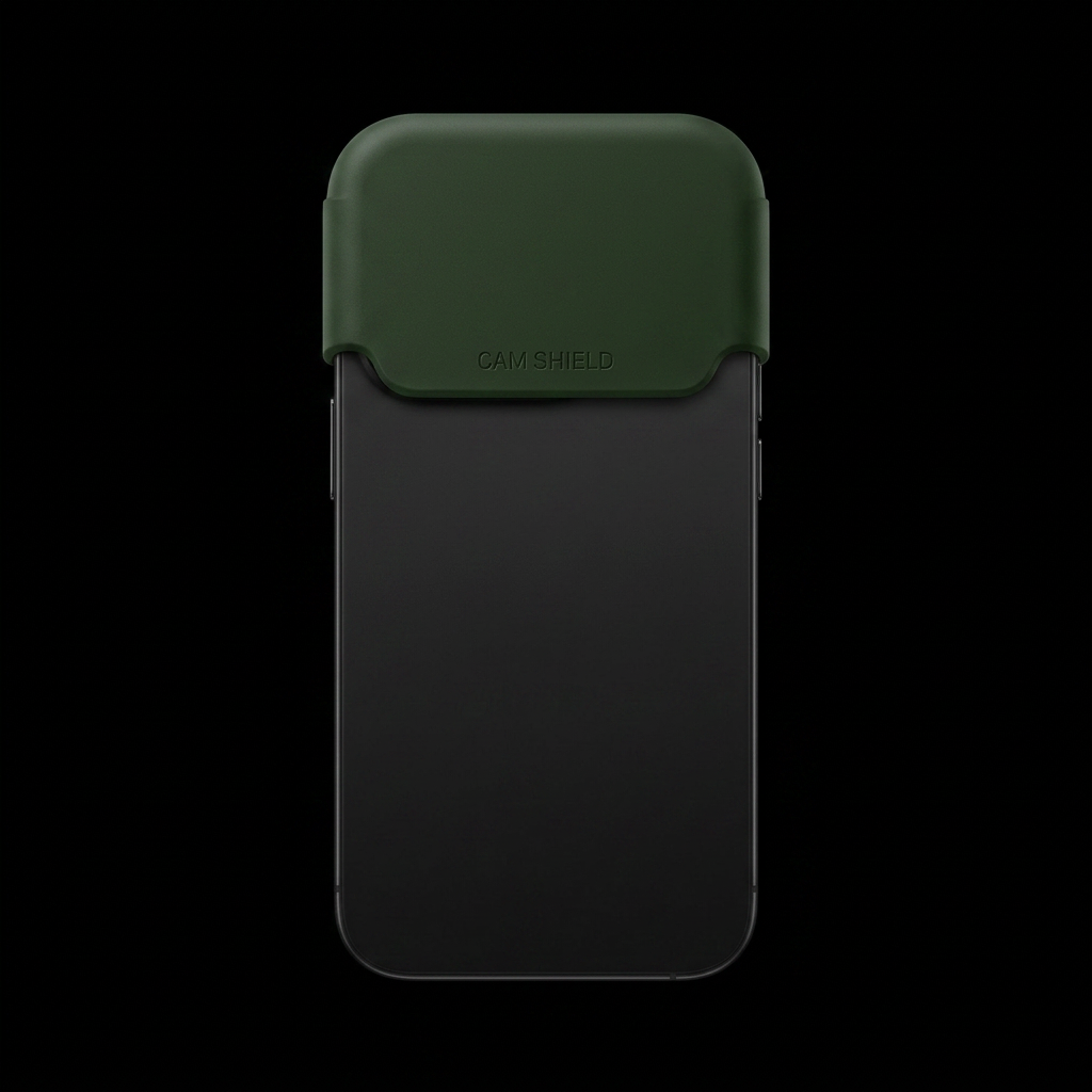 CAM SHIELD Forest Green edition on a smartphone, showcasing the slim profile